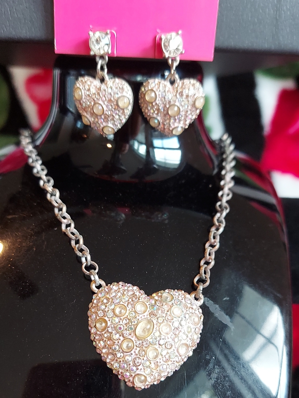 Betsey Johnson Pale Pink Puffy Heart Rhinestone Necklace and Earrings Set